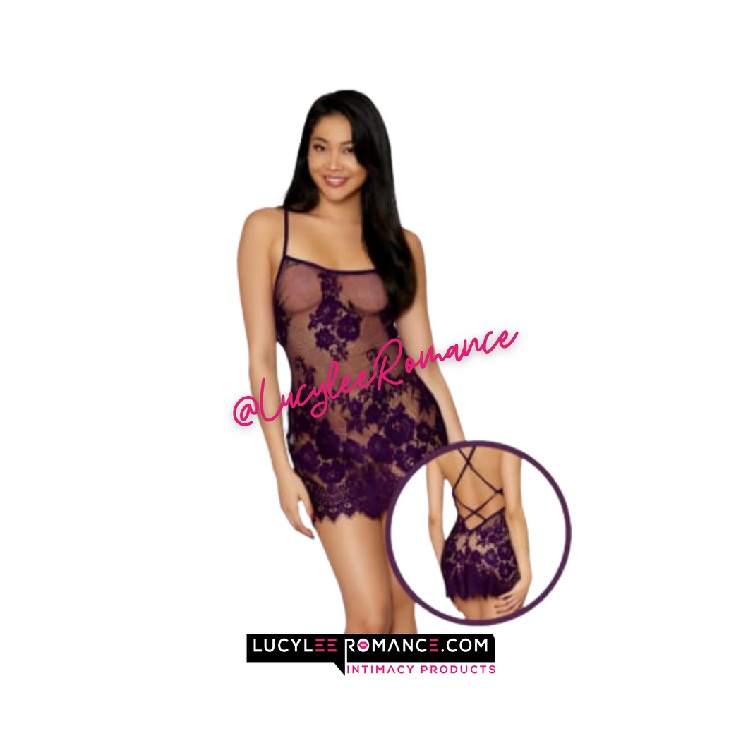 Floral Lace & Mesh Chemise - Plum - Lencería